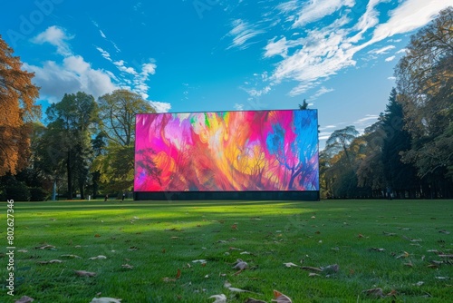 A large LCD screen sits in the middle of a field and valley. photo