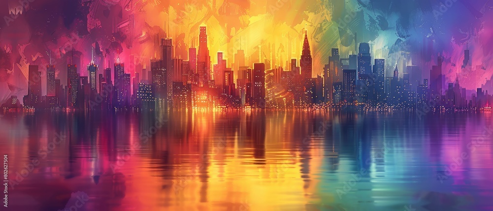 An abstract painting of a cityscape with bright, vibrant colors.