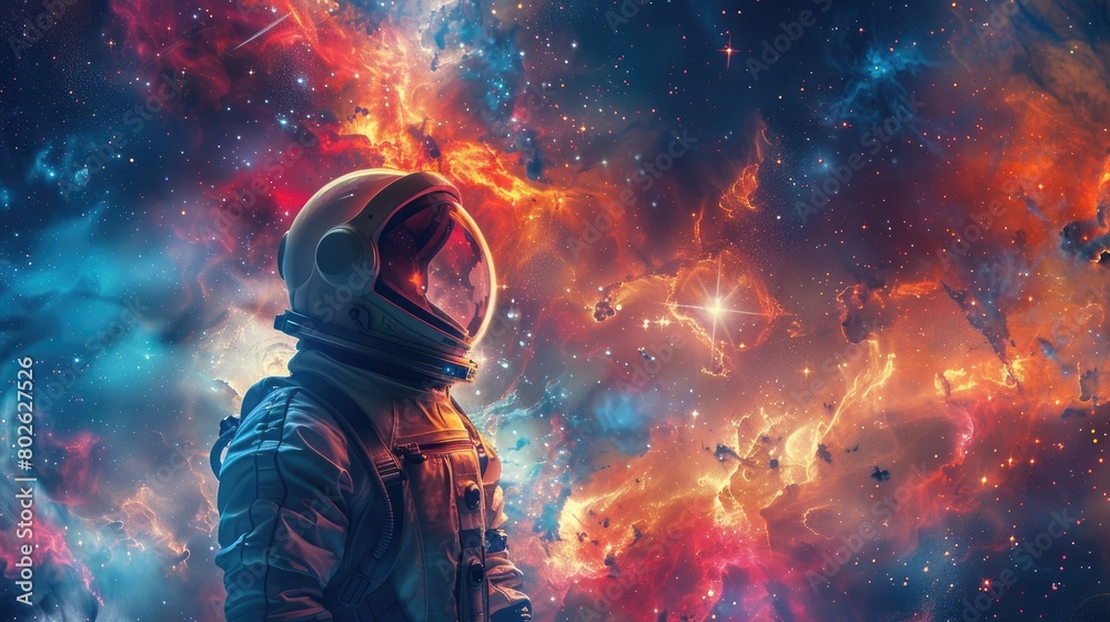 An astronaut in a spacesuit with their helmet on is standing on a planet looking out at a beautiful nebula.