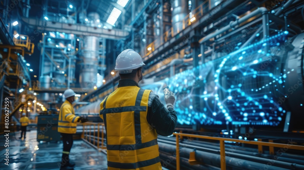 An engineer in hard hat and safety vest uses augmented reality glasses to monitor a hologram of a factory. An engineer in hard hat and safety vest uses augmented reality glasses to monitor a hologram of a factory.