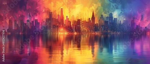 An abstract painting of a cityscape with bright  vibrant colors.