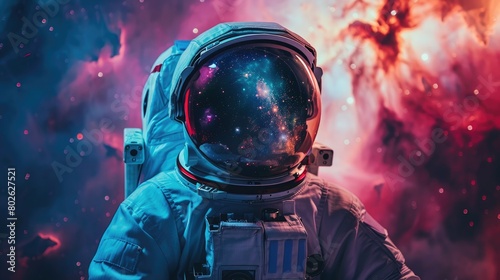 An astronaut in a spacesuit with a galaxy in the background