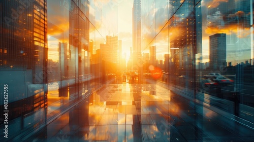 An establishing shot of a modern city during rush hour with the sun reflecting off the buildings.