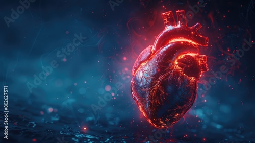 An illustration of a glowing red heart with blue background.