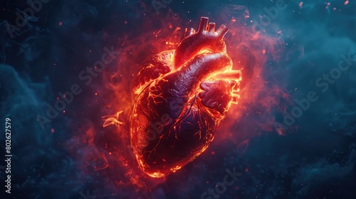 Anatomic illustration of the human heart on fire.