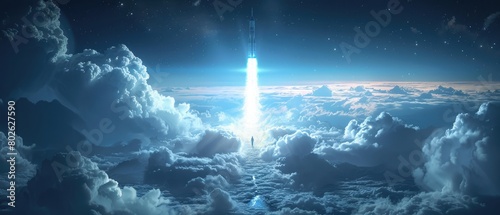 Astronaut standing on a cloud watching a rocket launch into space photo