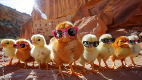 Baby chickens wearing sunglasses