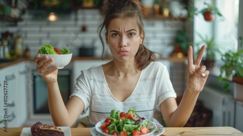 Girl holding a bowl of salad, looking at the camera with a disgusted expression on her face, while making a peace sign with her right hand.