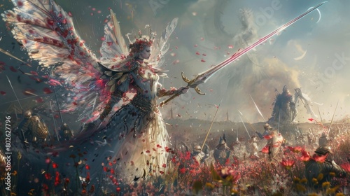 At the heart of the battlefield a majestic fey queen stands tall her wings spread wide as she leads her loyal soldiers into battle. . . photo