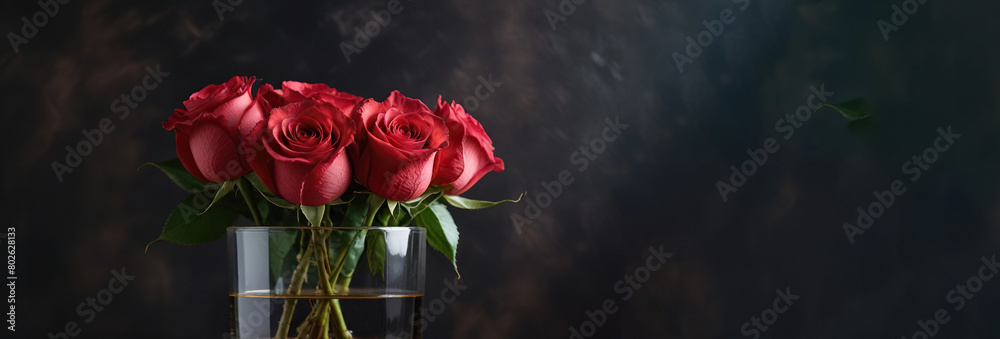 Bouquet of fresh roses on a glass jar, concept for Valentine's Day background Bouquet of fresh roses on a glass jar, concept for Valentine's Day background