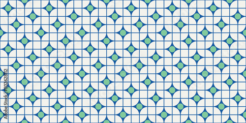 Tessellation tile pattern. Seamless beautiful contemporary Nanyang style pavement texture in vector. Blue, green and cream print and digital wallpaper resource. (ID: 802628112)