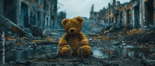 teddy bear sits in the middle of a destroyed city photo