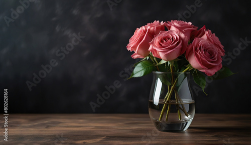 Bouquet of fresh roses on a glass jar, concept for Valentine's Day background