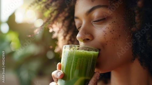 A woman with closed eyes sipping on a green juice and basking in the postyoga glow.