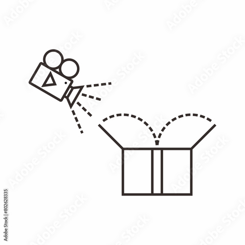 Outlined unboxing package video recording vector illustration and symbol. 2D view of opened process the cardboard.