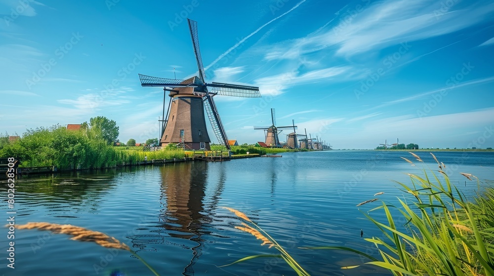 Windmill park in ocean under clear blue sky on a sunny day