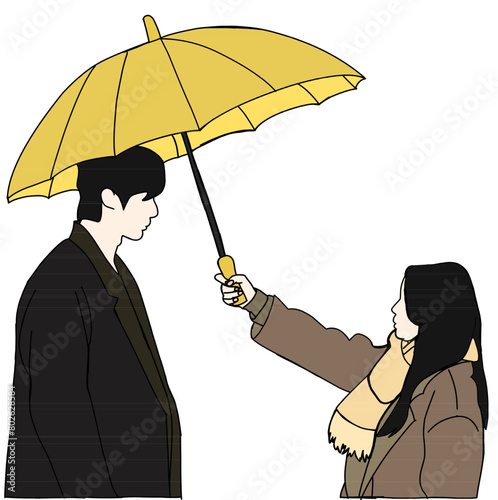 Illustration vector of a girl trying to protect her man from the heavy rain with an umbrella. Inspired by one of the famous Korean drama scenes.