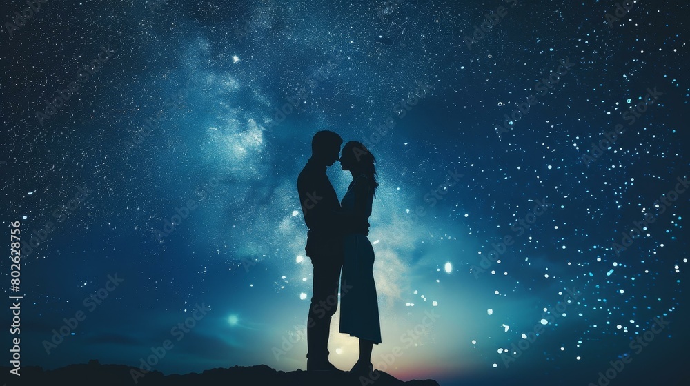 In universe landscape, couple stands together under starry night sky, Ai Generated