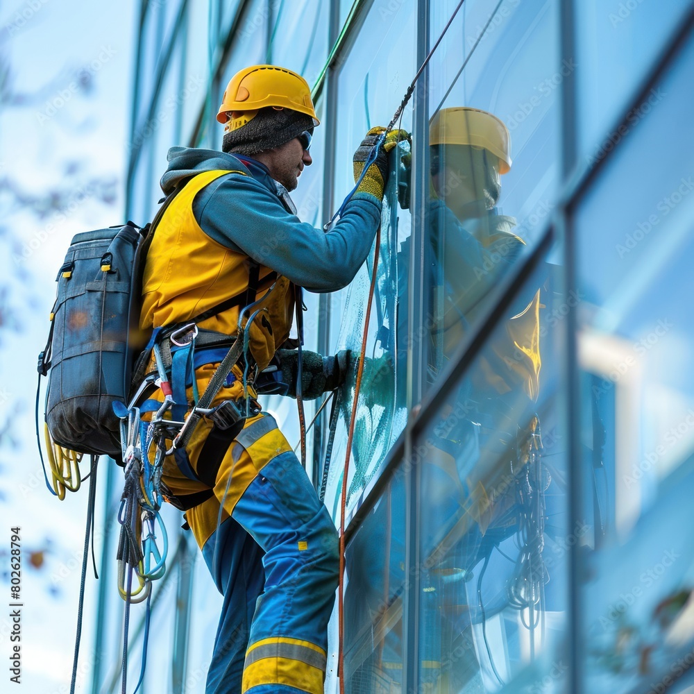 Cleaning service or facade cleaning workers are ensuring that the outside of the building's glass is clean from dirt, stains, dust and pollutants. Cleaning service or facade cleaning workers are ensuring that the outside of the building's glass is clean from dirt, stains, dust and pollutants.