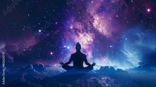 Astral body silhouette meditates in lotus pose against cosmic backdrop  Ai Generated