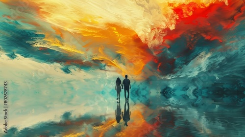 Couple in surreal landscape, standing at colorful sky's edge, embodying cosmic love, Ai Generated photo