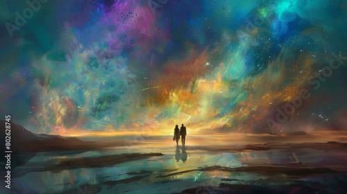 Couple in surreal landscape  standing at colorful sky s edge  embodying cosmic love  Ai Generated