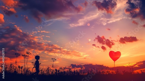 A solitary child gazes at the distant horizon  clutching a heart shaped balloon  Ai Generated