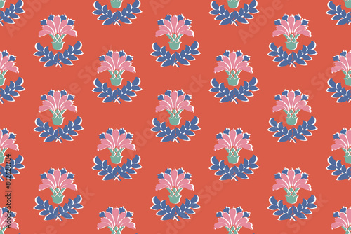 floral ethnic ikat seamless pattern traditional design for background, carpet, wallpaper, clothing, wrapping, fabric, vector illustration, embroidery style, Ajrakh, block print, batik print allovers