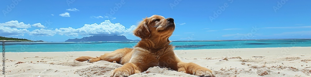 Joyful Dog Sunbathing on a Sunny Beach, Exhibiting Bliss and Relaxation in a Tropical Setting