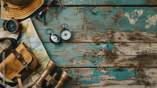 A pair of hiking boots, binoculars, a compass, and a map are displayed on a rustic wooden table in a landscape painting featuring plants and trees AIG50