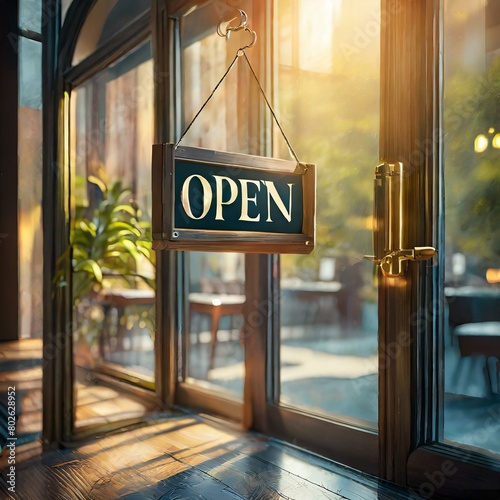 door sign.a realistic scene depicting a business sign with the inscription "Open" hanging on the glass door of a cafe or restaurant. The sunlight streaming through the door should illuminate the sign,
