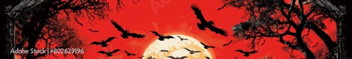 Silhouette of Bats Flying Against Full Moon in Red Sky Representing Halloween, Spooky Night, and Eerie Atmosphere in a Dark Fantasy Setting, Bats and Moon Night