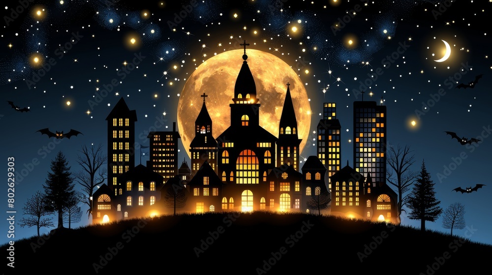 Magical Halloween Night with a Full Moon Over a Gothic Castle Surrounded by Bats