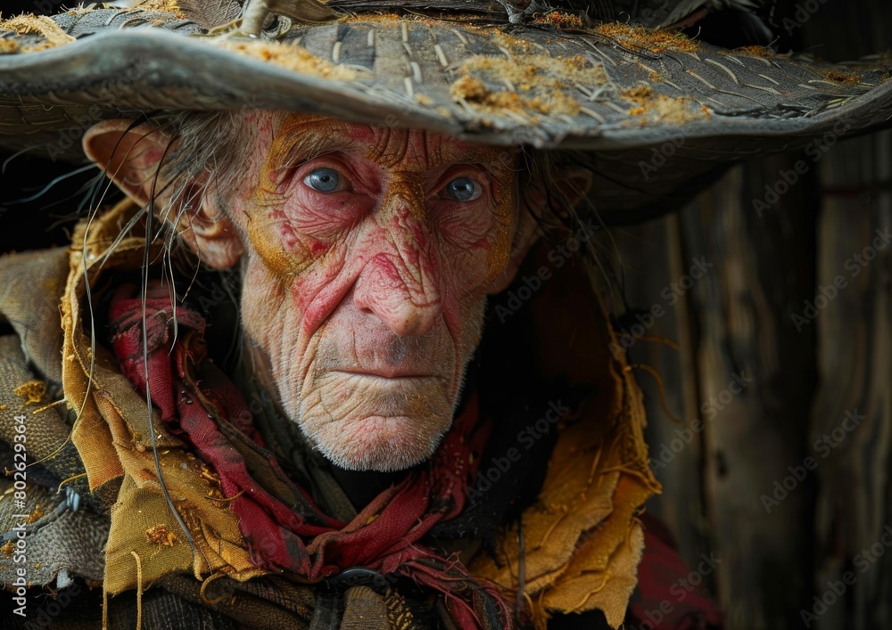 Old Weathered Cowboy in a Tattered Hat with a Wrinkled, Expressive Face