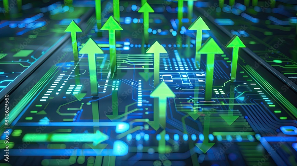 Green arrows pointing up on a circuit board background. Green arrows pointing up on a circuit board background.