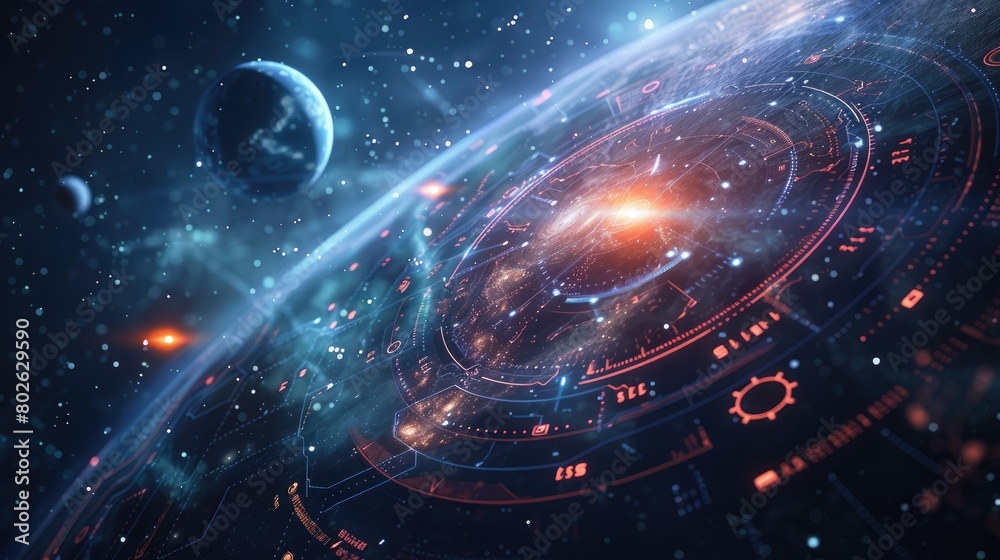 Obraz premium Space exploration HUD with planets star maps