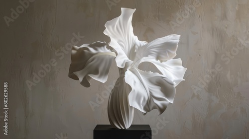 Modern Sculpture of White Flower on Dark Base
