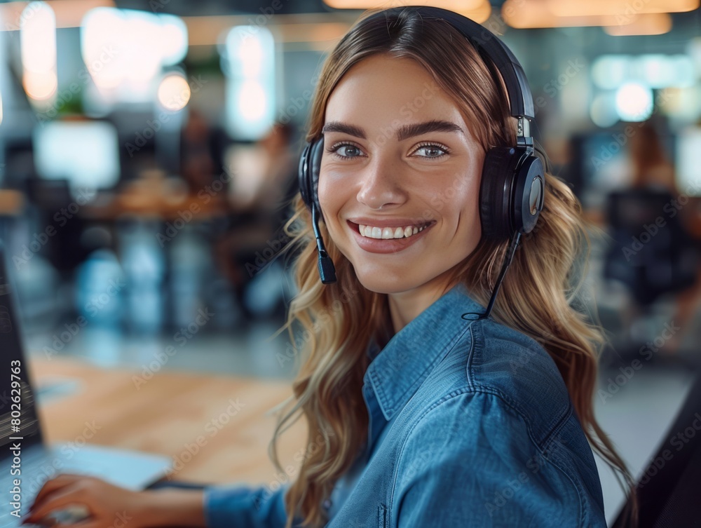 Smiling, customer service representative, wearing a headset. Smiling, customer service representative, wearing a headset.