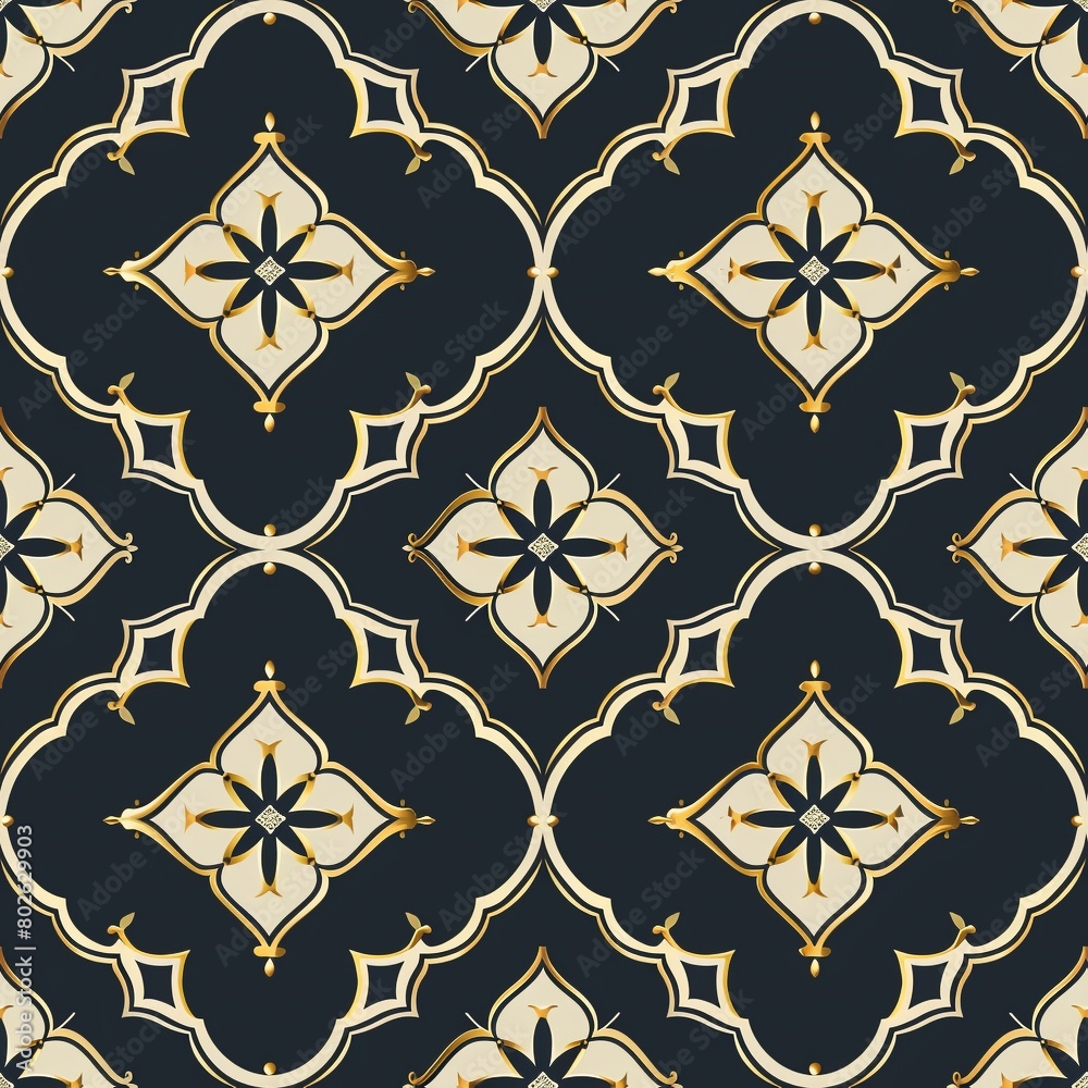 Seamless navy blue and gold quatrefoil tile pattern