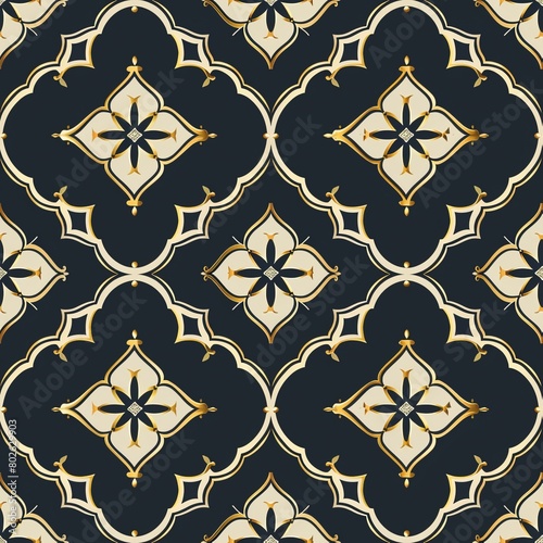 Seamless navy blue and gold quatrefoil tile pattern
