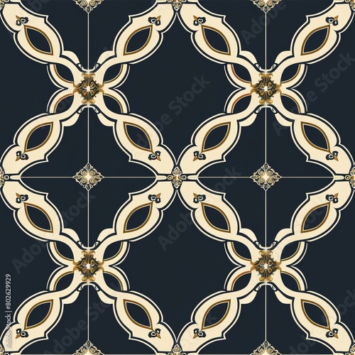 Seamless navy blue and gold quatrefoil tile pattern