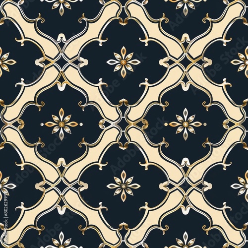 Seamless navy blue and gold quatrefoil tile pattern