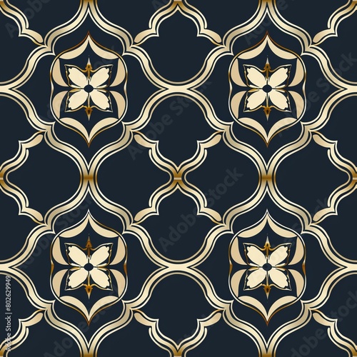 Seamless navy blue and gold quatrefoil tile pattern