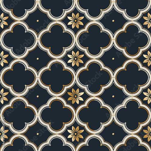 Seamless navy blue and gold quatrefoil tile pattern