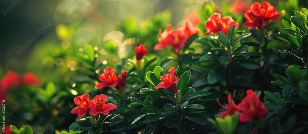 Green shrub with a backdrop of red flowers Green shrub with a backdrop of red flowers