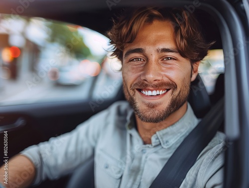 A man sits behind the wheel of a car, driving with a smile, embodying the joy of the open road and the freedom of the journey ahead.