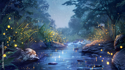Night streams flow through the calm forest, and there are also fireflies
