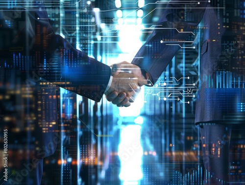In a close-up shot against a digital blue background, two business individuals are seen shaking hands, symbolizing a professional agreement or successful partnership in the modern digital era. © Maja