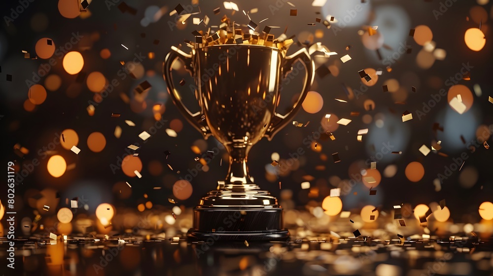 A golden winners trophy for first place with confetti and streamers falling, representing visualized goals achieved. A golden winners trophy for first place with confetti and streamers falling, representing visualized goals achieved.