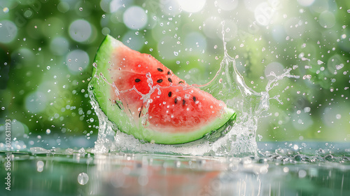 A watermelon is sliced and splashing water